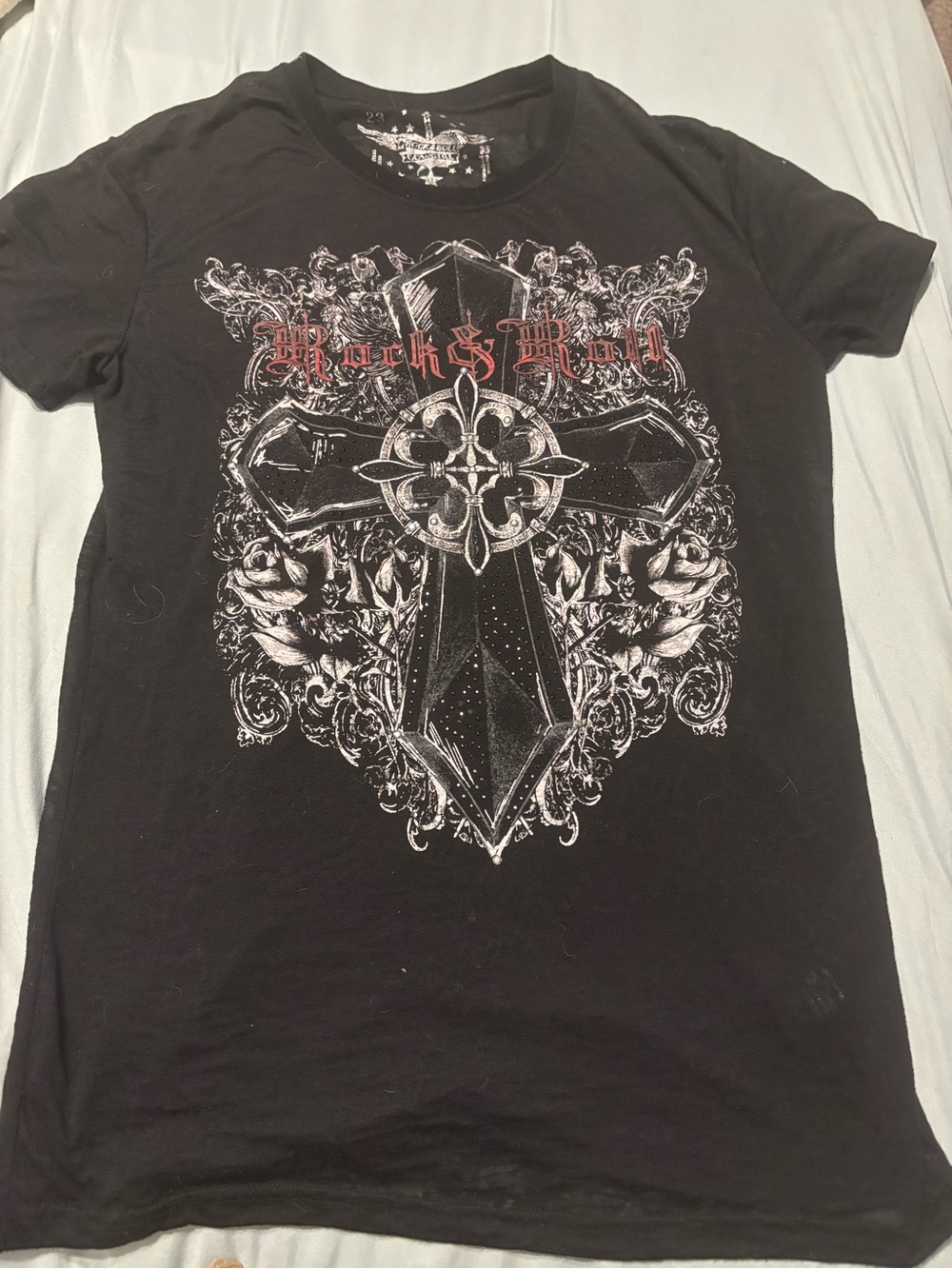 Rock and Roll Cowgirl Black Graphic Cross Print  T-Shirt XL